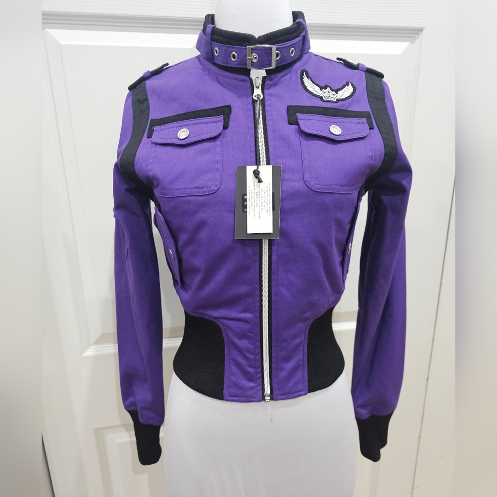 ~SOLD~ 1 RMT Raw Blue Pink Purple Moto Patch Buckle Collar Zip Up Jacket Coat S - Picture 16 of 16